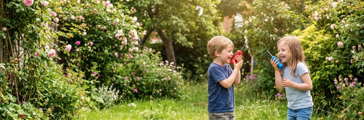 Children safely using budget walkie talkies in a UK garden for outdoor play.