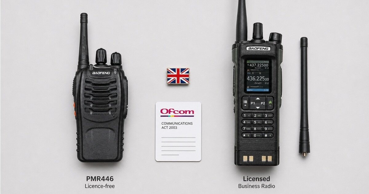 A PMR446 licence-free walkie-talkie next to a licensed business radio on a grey background, illustrating the key differences UK buyers need to understand before purchasing