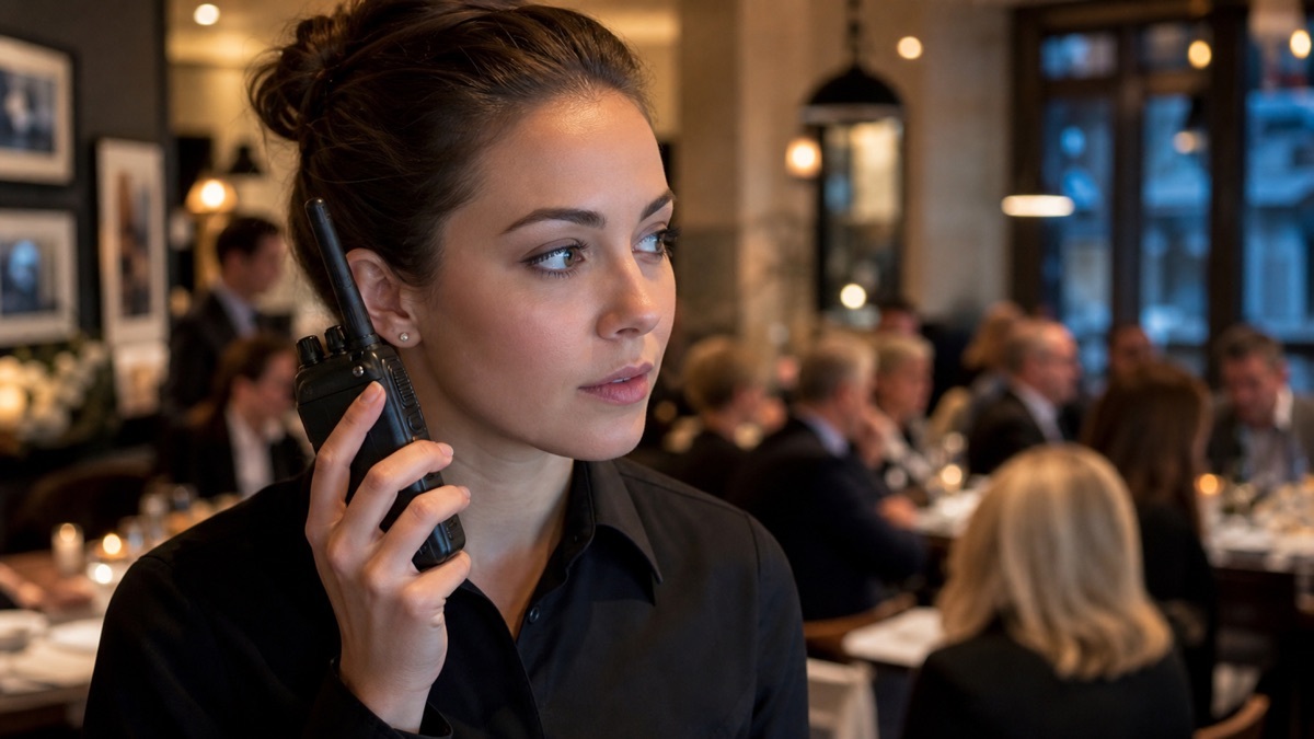A hospitality worker in a British restaurant listening carefully on a PMR446 walkie-talkie before pressing the push-to-talk button