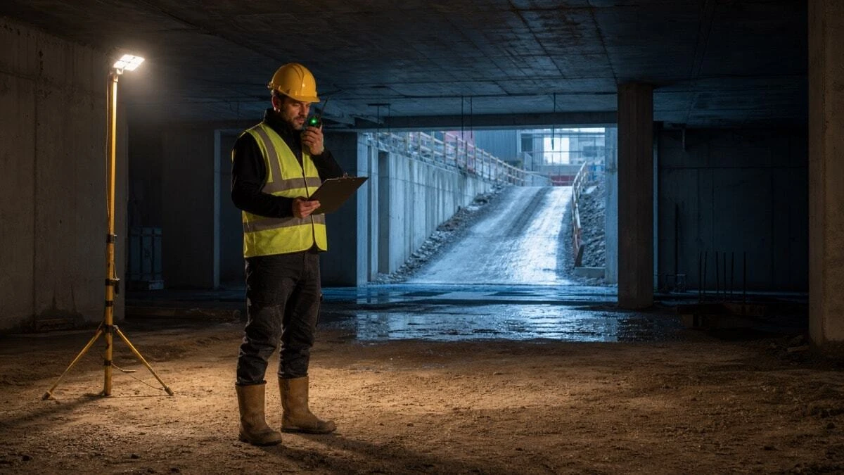 A lone construction worker in a partially completed UK basement using a walkie-talkie for an HSE-compliant safety check-in call while holding a site inspection clipboard