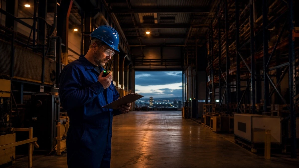 A lone maintenance worker in a large UK industrial warehouse using a two-way radio for safety check-in contact while completing a checklist