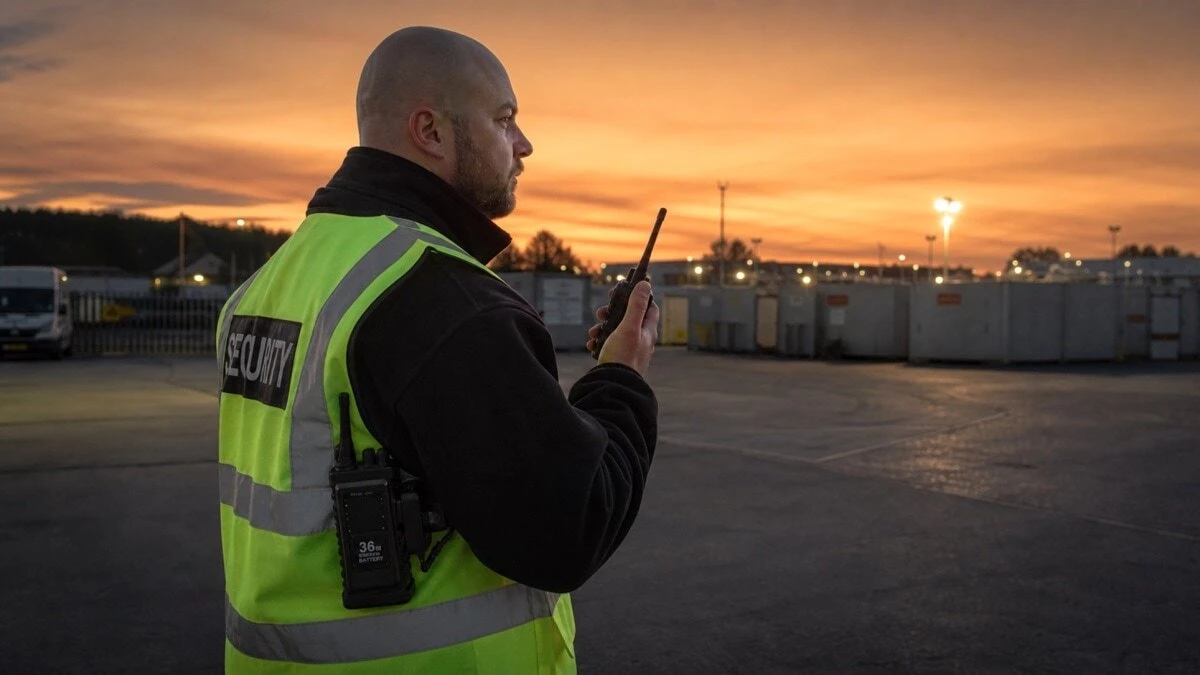 Industrial worker on a long shift using a high-capacity battery two way radio in a UK logistics yard