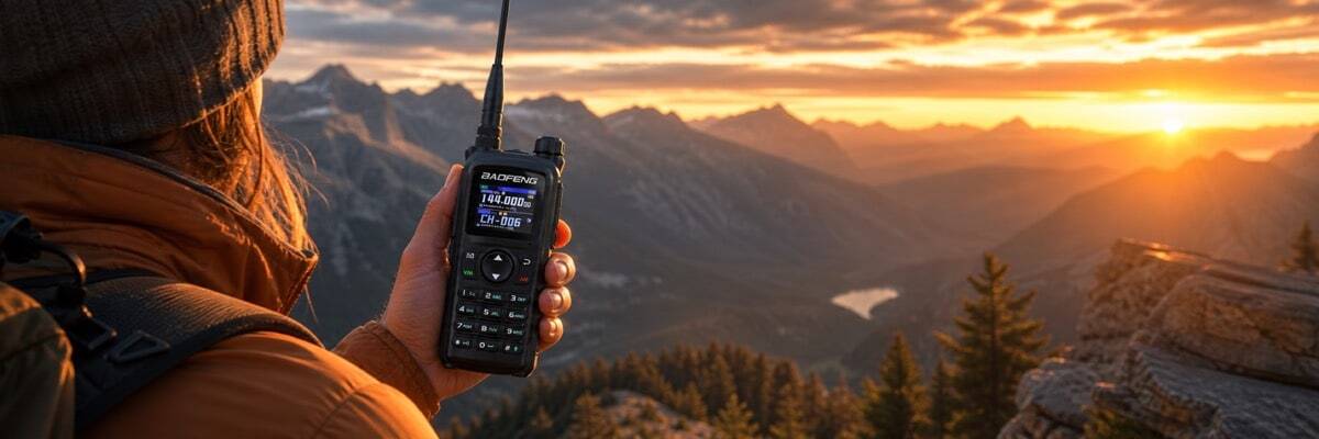 A hiker using a two-way radio outdoors at sunset, demonstrating the importance of long-lasting walkie-talkie battery life for outdoor activities.