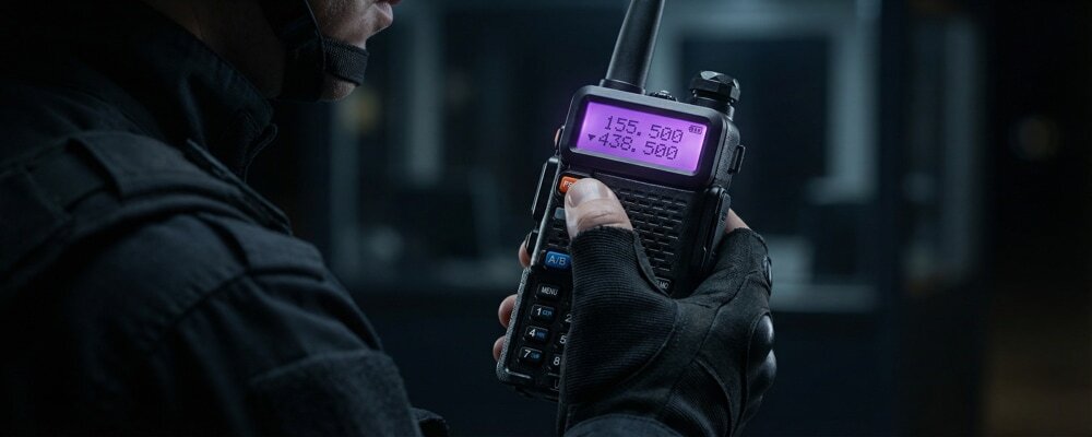Security guard checking the battery indicator on a professional walkie-talkie at night.