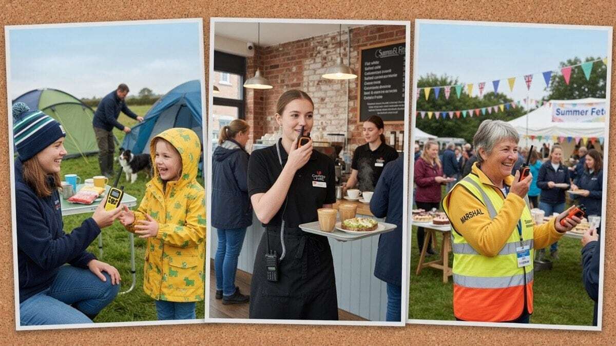 Three modern UK walkie-talkie scenes showing a family at a campsite, a hospitality worker in a café and a volunteer marshal at a community event, illustrating how portable radios are used today