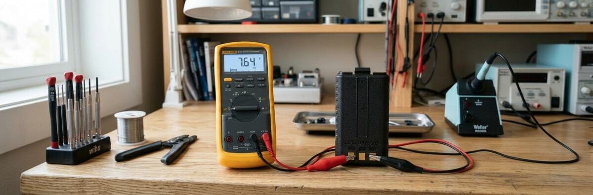 Multimeter testing battery voltage