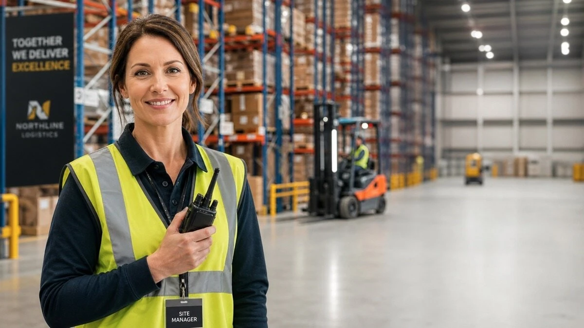 Female site manager holding a rugged two way radio in a UK warehouse, explore the best industrial radio range