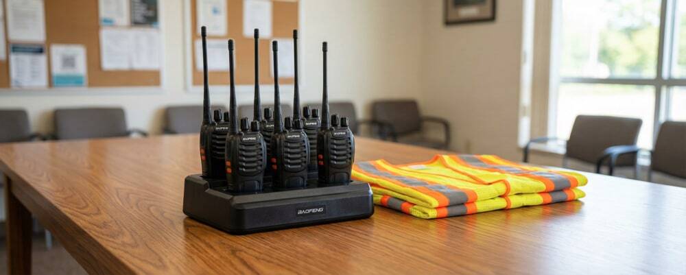 A six-pack of neighbourhood watch walkie-talkies charging on a table in a community hall.
