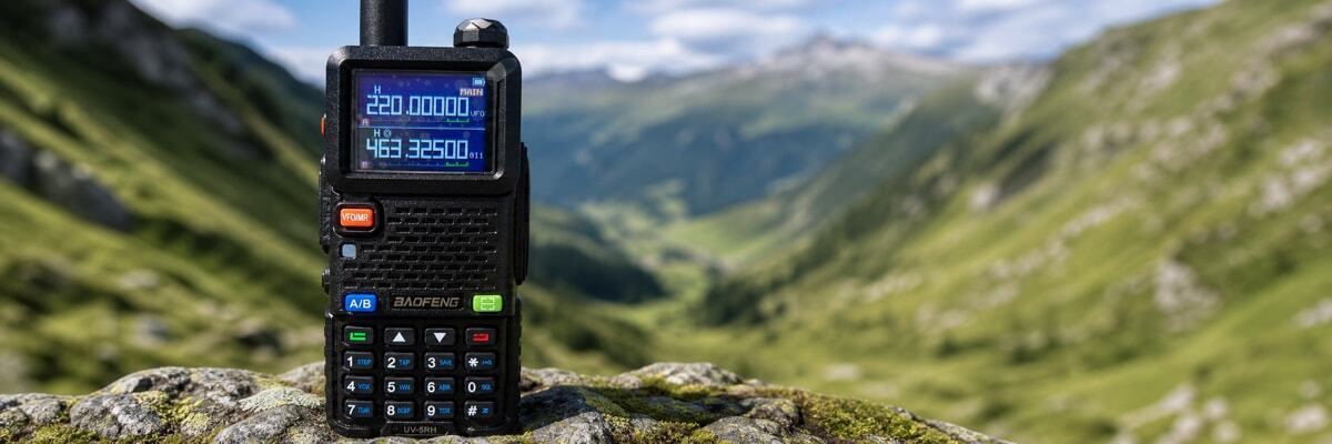 A rugged two-way radio resting on a mossy rock in a remote valley, highlighting independent signal capabilities.