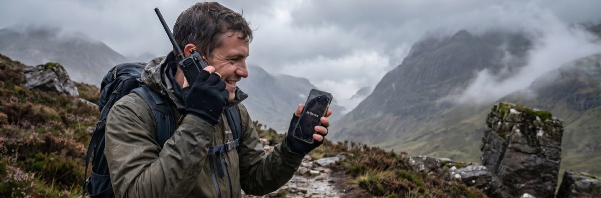 A hiker in a remote UK national park using a Baofeng walkie-talkie for safety when a smartphone has no network signal coverage.
