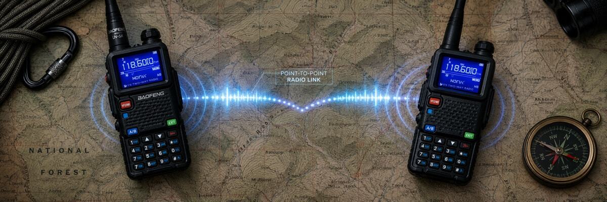 Two handheld transceivers transmitting point-to-point radio waves over a topographic map, demonstrating independent off-grid communication.