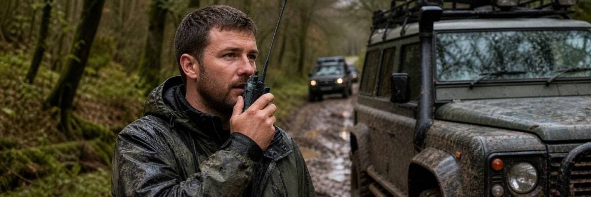 A driver inside a muddy off-road vehicle on a British greenway communicates with a 4x4 convoy ahead using a handheld radio.