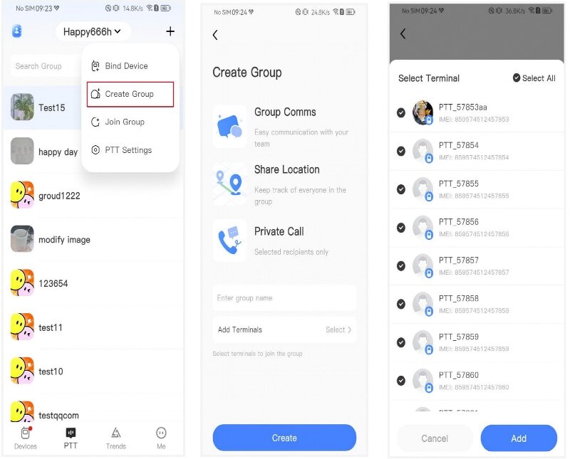 Ola Radio App Create Group Steps — Tap Create Group, Name the Group, Add Devices