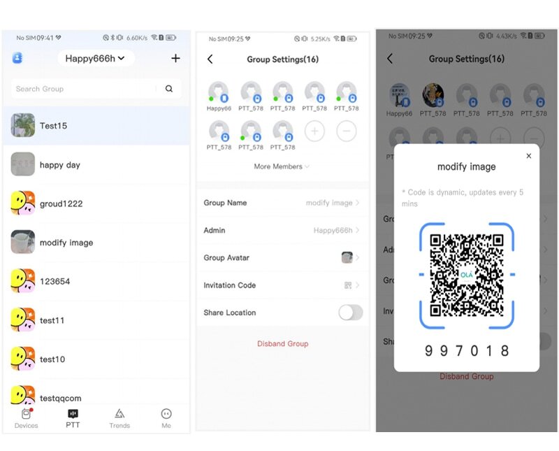 Ola Radio App Screenshot Showing Group Invite QR Code for New Members