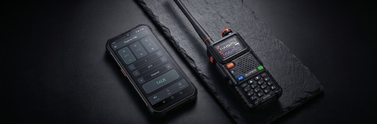 A professional comparison of a rugged smartphone running a walkie-talkie app next to a dedicated Baofeng two-way radio for team communication.