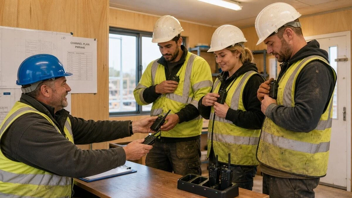 A UK construction site supervisor distributing compact PMR446 licence-free walkie-talkies to workers from a site cabin before a shift, with a channel plan on the wall and a charging cradle on the desk