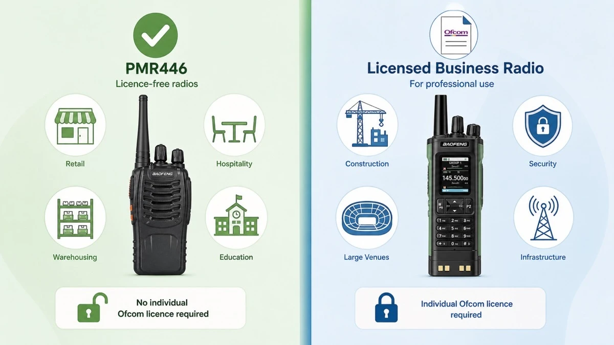 A split-screen illustration comparing PMR446 licence-free walkie-talkies for small UK businesses on the left with licensed business radios for larger operations on the right