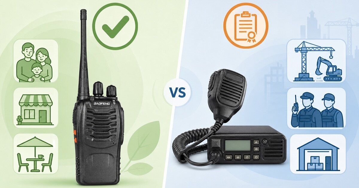 Split-screen illustration comparing PMR446 licence-free radios for families and small shops on the left with licensed business radios for construction and security teams on the right