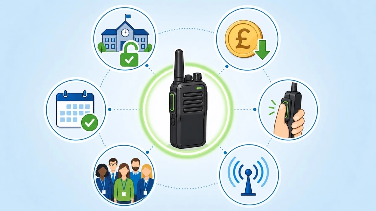 An illustration showing the key benefits of PMR446 licence-free walkie-talkies for UK schools including no Ofcom licence requirement, no monthly fees and simple push-to-talk operation