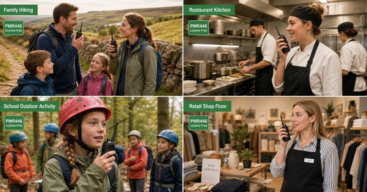 Four everyday UK scenes showing PMR446 licence-free walkie-talkies being used by a family hiking, a restaurant team, schoolchildren and a retail worker — illustrating who can use licence-free radios without an Ofcom licence
