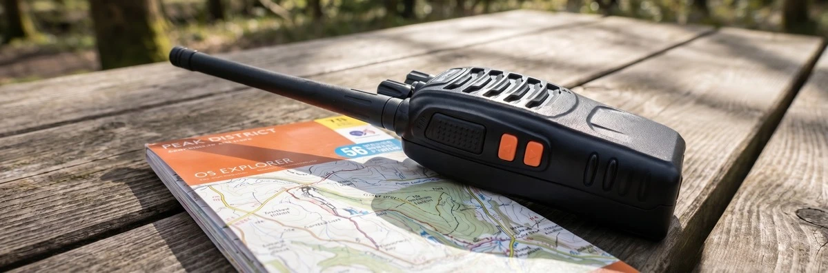 Close-up of a PMR446 licence-free walkie talkie compliant with UK Ofcom regulations.