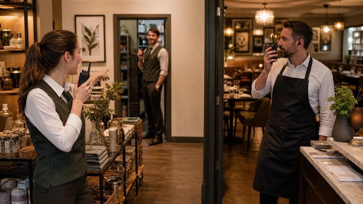 A retail shop assistant and a restaurant floor manager in a British small business environment each using compact PMR446 walkie-talkies to coordinate their teams