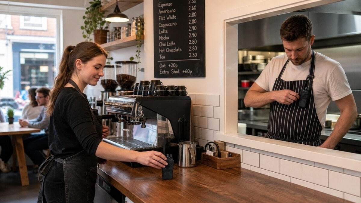 A small British café showing a PMR446 walkie-talkie at the front counter and a matching radio with the kitchen worker, demonstrating a two-pack restaurant setup