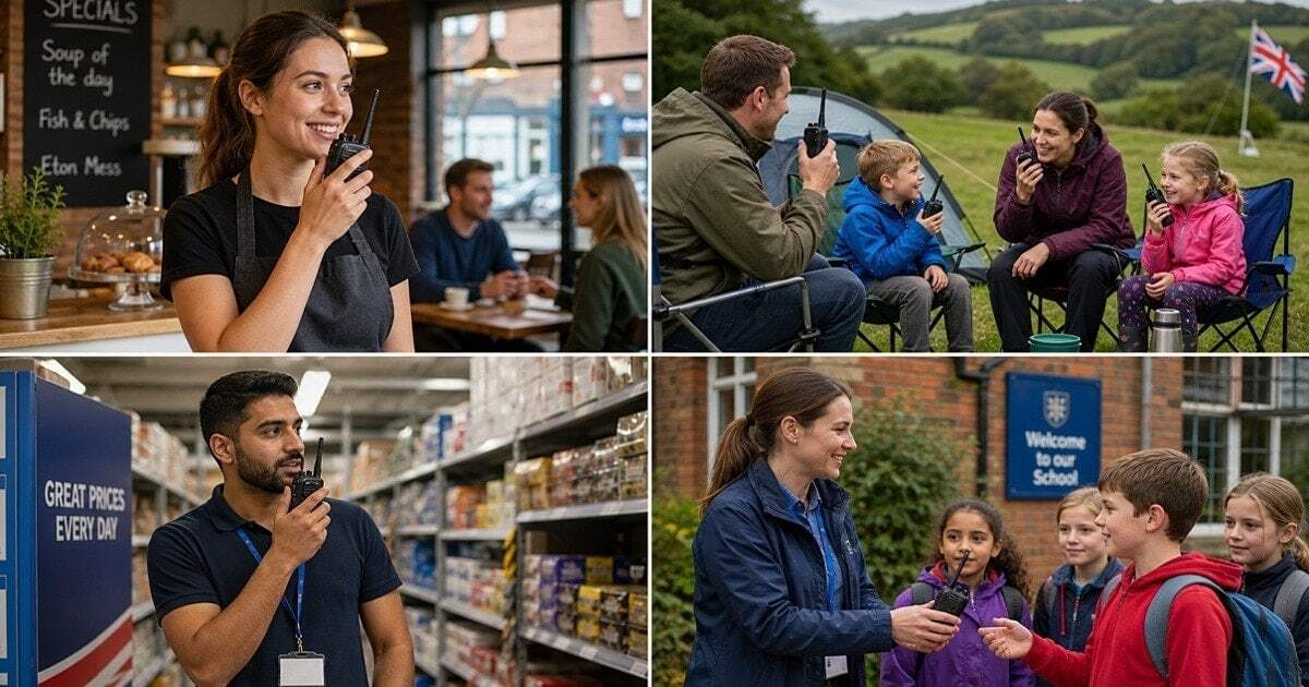 Four UK scenes showing PMR446 walkie-talkie use in a restaurant, a family campsite, a retail warehouse and a school outdoor activity