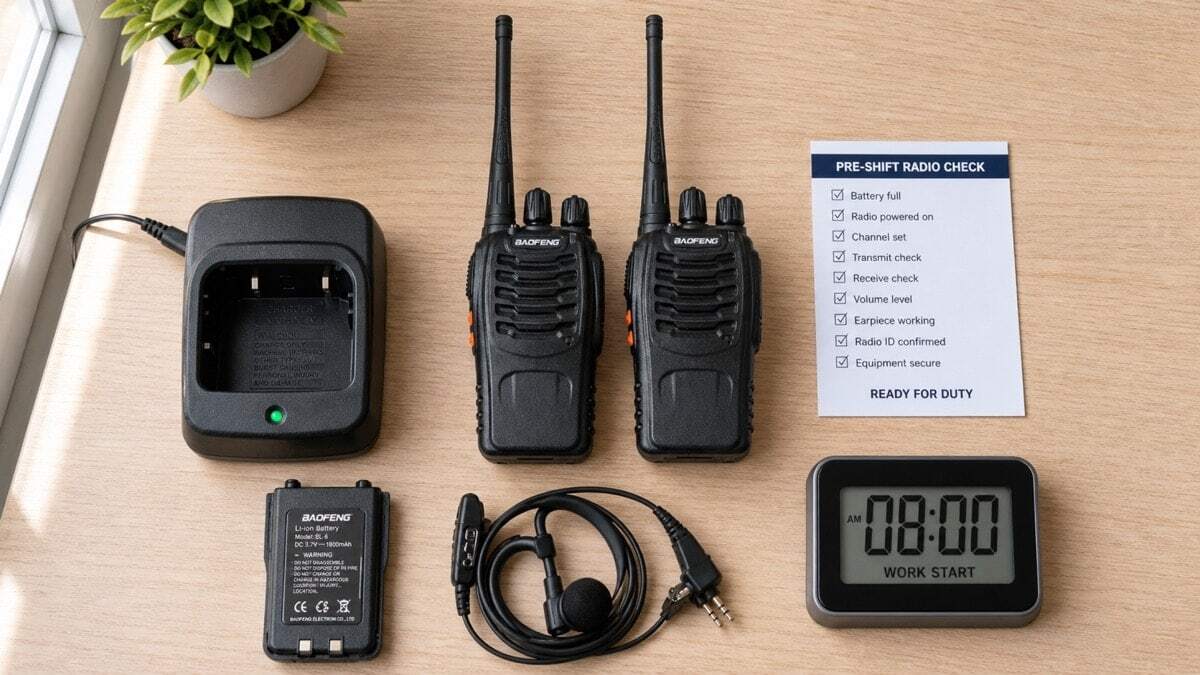 A top-down flat-lay of a pre-shift radio check setup showing two walkie-talkies, charging dock, spare battery, earpiece and a preparation checklist
