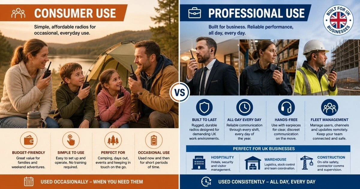 A split-screen comparison between casual consumer walkie-talkie use at a campsite and professional business use in a UK workplace, showing why professional radios need to meet higher standards of durability and reliability