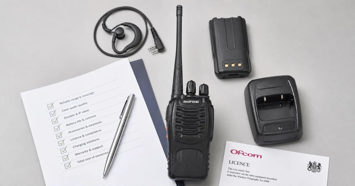 A professional walkie-talkie buying checklist setup showing a business radio handset surrounded by a checklist, spare battery, earpiece, charging dock and licence document — representing a complete professional fleet purchase decision for UK businesses