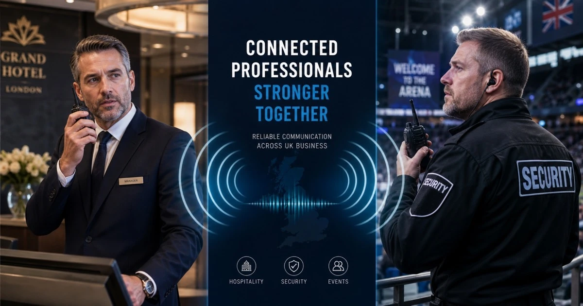 A hotel manager and a security officer both using professional walkie-talkies in their respective UK business environments, illustrating how professional radios serve different workplace communication needs