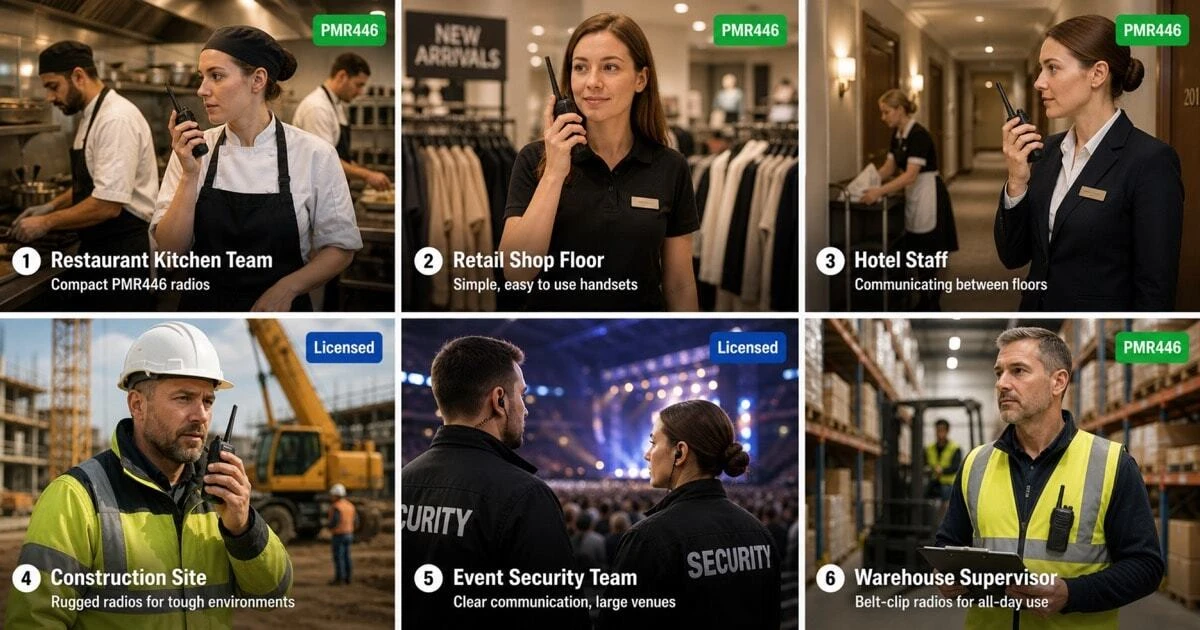 Six UK professional walkie-talkie workplace scenarios displayed in a grid — restaurant, retail, hotel, construction, security and warehouse — each showing the appropriate radio type and whether PMR446 or a licensed system is suitable