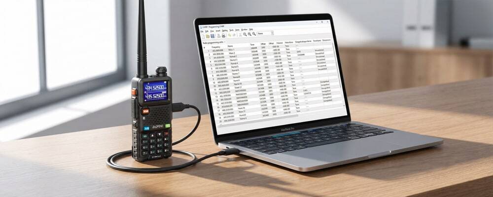A Baofeng radio connected to a laptop via USB cable for CHIRP programming.
