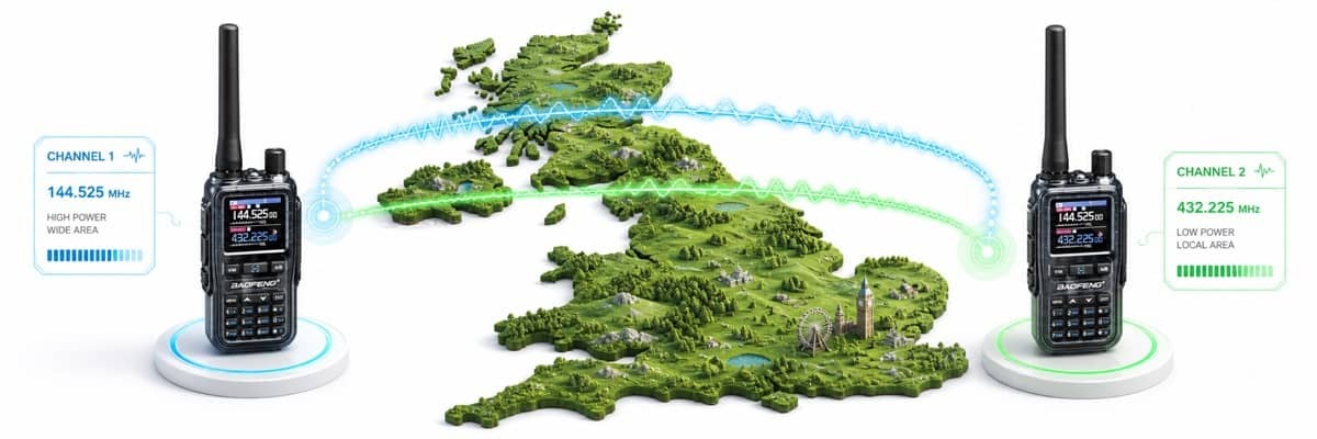 A 3D illustration showing color-coded radio frequency waves connecting two walkie-talkies across a landscape.