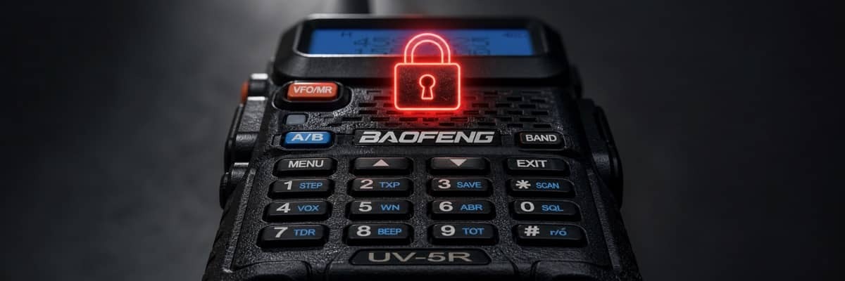 A close-up of a two-way radio keypad featuring a glowing red lock symbol for privacy.