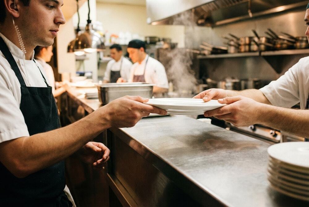 Waiter wearing a two way radio earpiece taking food from a chef at the kitchen pass