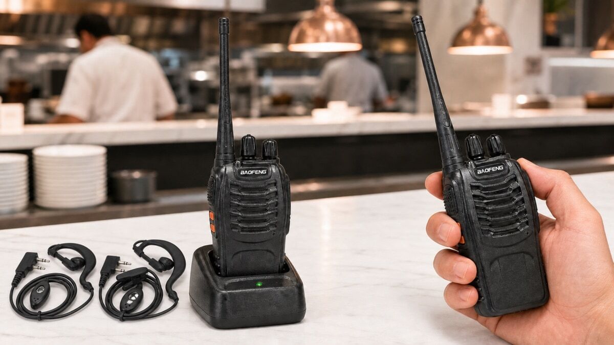 A flat-lay of four PMR446 walkie-talkies with earpieces and chargers labelled for host, kitchen, bar and manager roles in a UK restaurant
