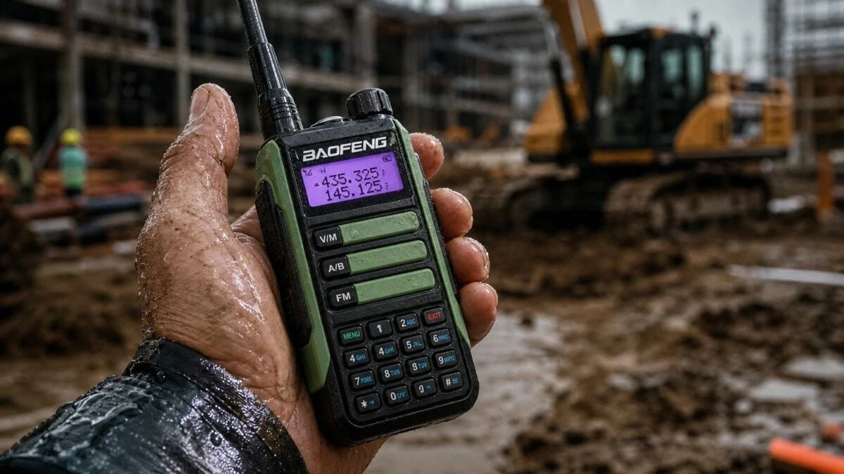 Rugged IP-rated two way radio tested against water and dust on a UK construction and industrial site