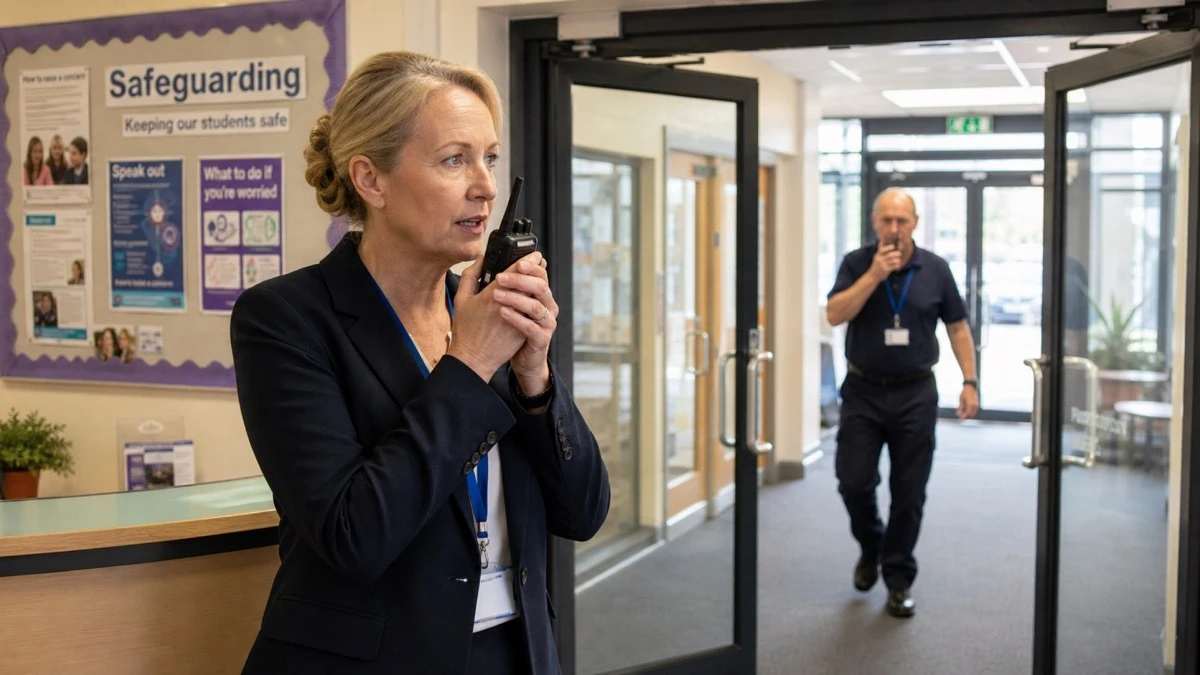 A senior school staff member using a walkie-talkie in a UK school corridor to coordinate with a caretaker during an emergency, showing rapid staff communication response