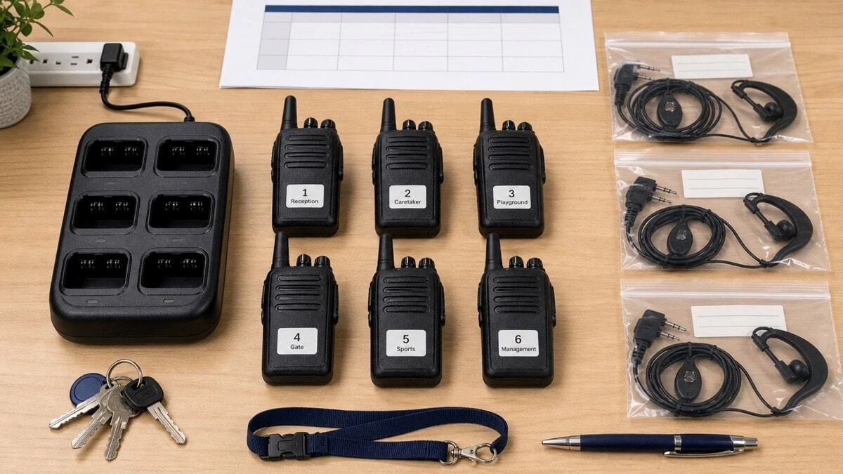 A top-down flat-lay of a school two-way radio fleet showing six numbered walkie-talkies assigned to reception, caretaker, playground, gate, sports and management roles alongside a charging cradle, earpieces and a channel plan