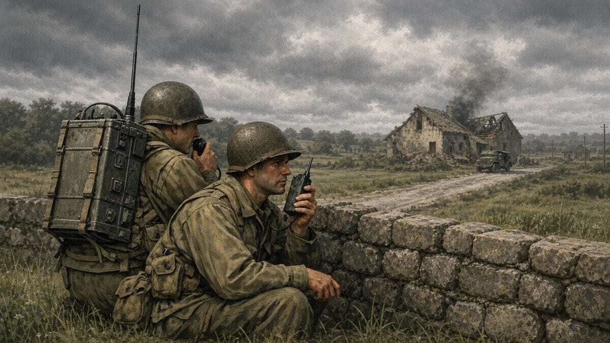 An illustration of two World War Two soldiers using an SCR-300 backpack radio and a handheld SCR-536 radio in a European battlefield, showing the origin of the walkie-talkie and handie-talkie names
