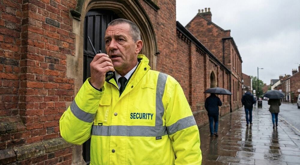 Security guard using a Baofeng BF-888S walkie talkie in the UK