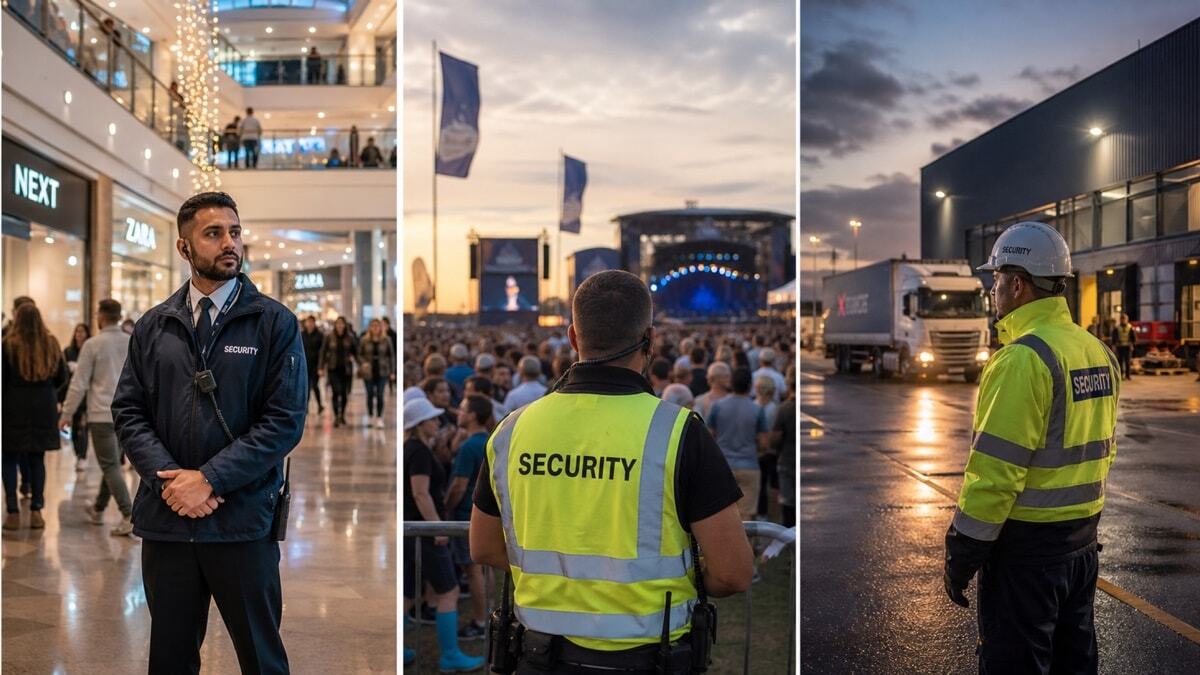 Security teams using two way radios across different UK environments including retail, events and industrial sites