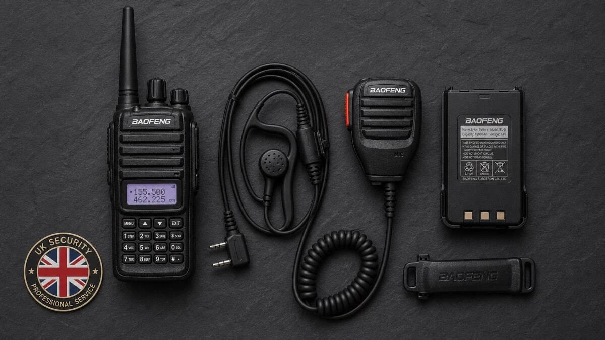 Two way radio system with earpiece, shoulder microphone, belt clip and spare battery for security teams