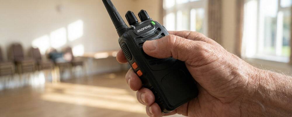 A close up of a simple, easy-to-use licence-free radio designed for community volunteers.