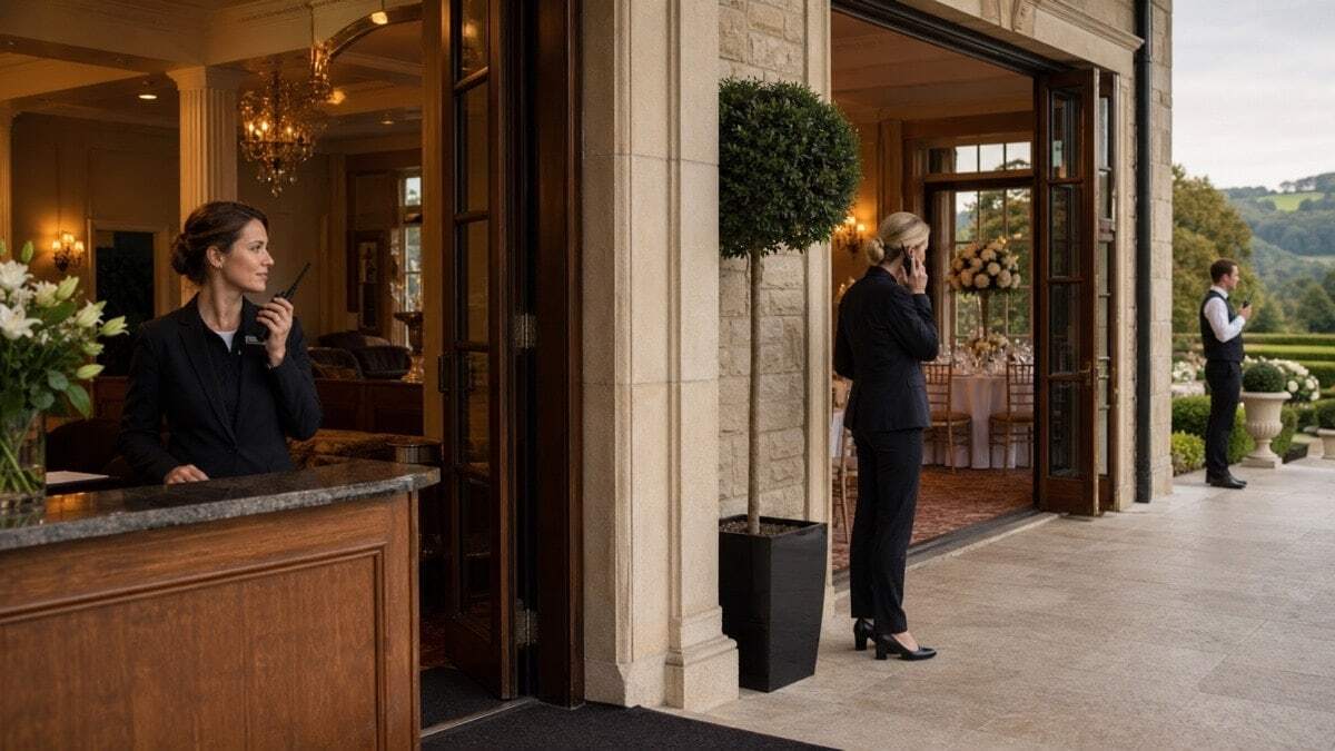 Multiple staff members using walkie-talkies across different zones of a large British hotel restaurant venue including reception, banquet hall and outdoor terrace