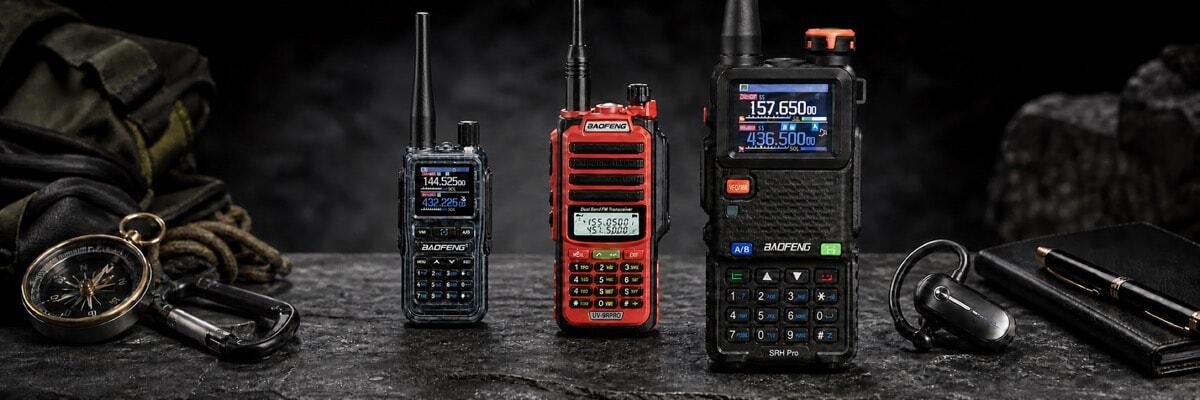 A premium product lineup of three different two-way radios for 2026 arranged on a sleek tabletop with outdoor and business accessories.