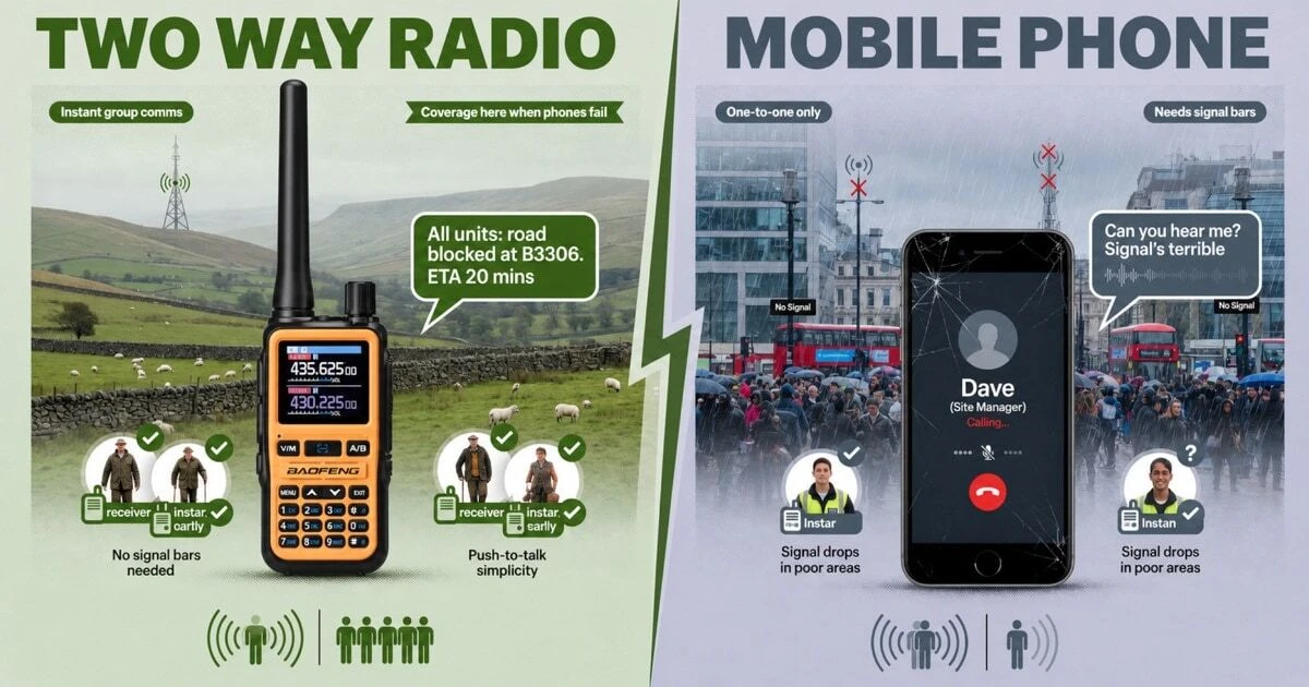 A split-screen comparison between a two-way radio and a mobile phone, showing how radios enable instant group communication without mobile network dependency — particularly useful in rural UK areas with poor signal coverage