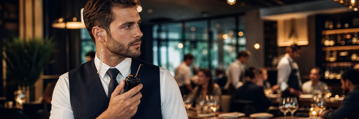 Professional Baofeng two-way radios being used by restaurant and hospitality staff